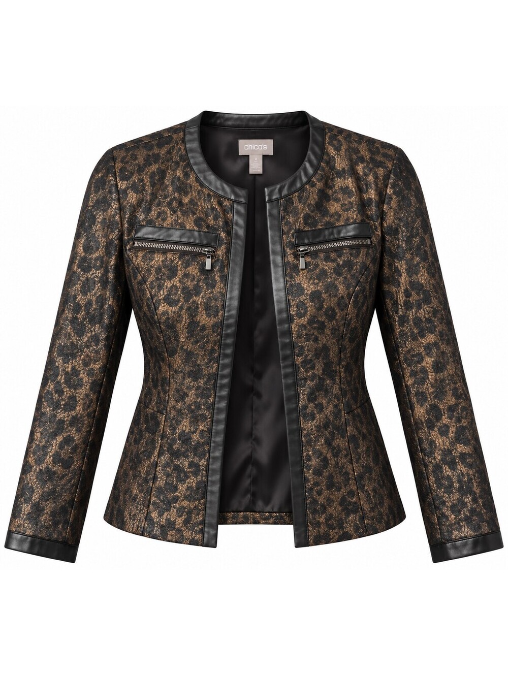 Chico’s Size 2 Large Leopard Metallic Bronze Print Faux Leather Trim Jacket